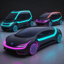 Electropunk passenger vehicles exhibiting vibrant neon color schemes, integrated with electronic elements, futuristic shapes and innovative energy-powered designs.