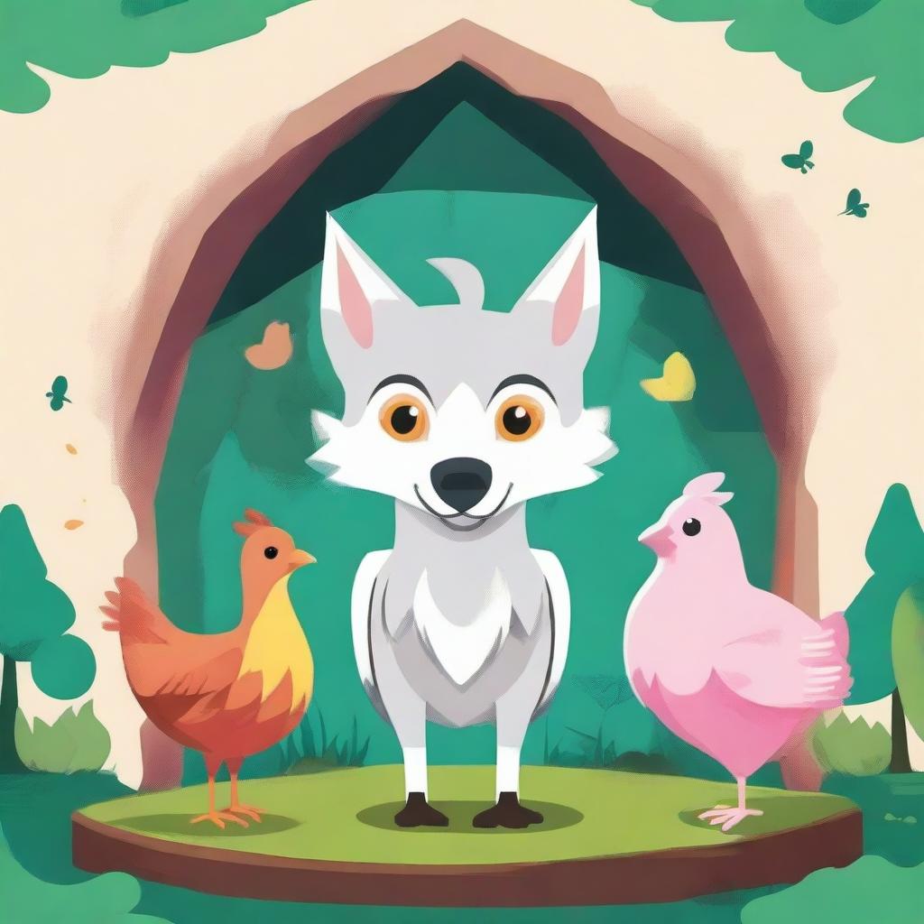 Create an image that features a wolf, a chicken, a green axolotl, and the owl from Harry Potter