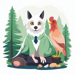 Create an image that features a wolf, a chicken, a green axolotl, and the owl from Harry Potter