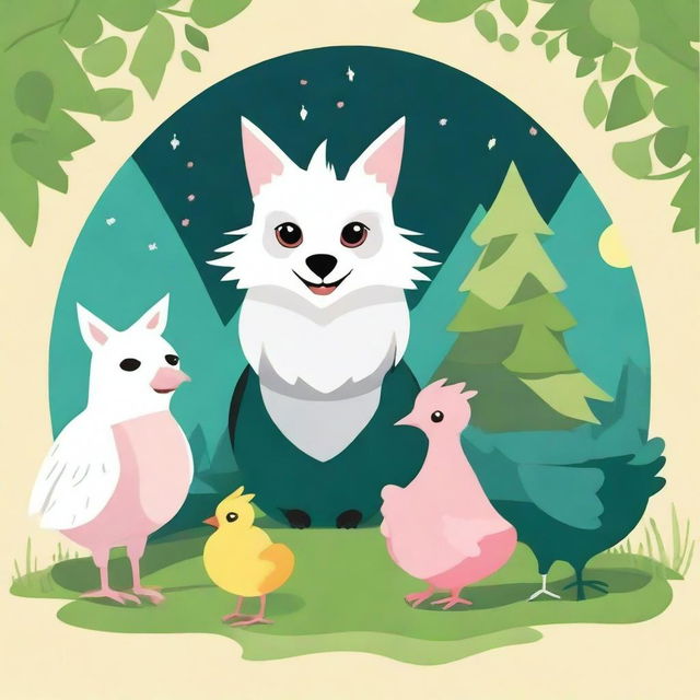 Create an image that features a wolf, a chicken, a green axolotl, and the owl from Harry Potter