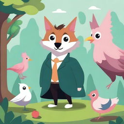 Create an image that features a wolf, a chicken, a green axolotl, and the owl from Harry Potter