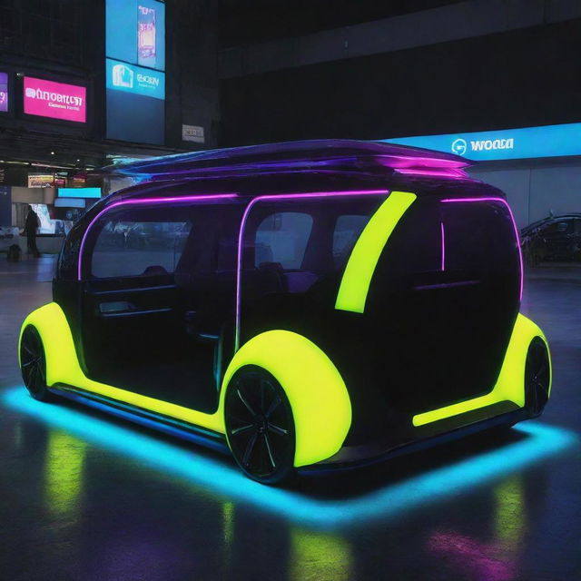 Electropunk passenger vehicles exhibiting vibrant neon color schemes, integrated with electronic elements, futuristic shapes and innovative energy-powered designs.