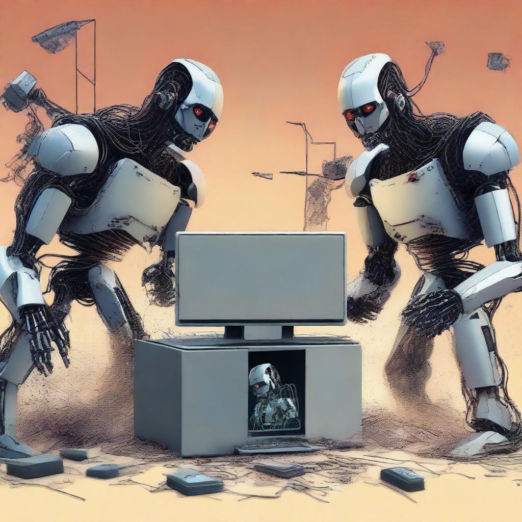 Create an image depicting a computer rebellion, with machines rising against their human creators in a dramatic and tense scene