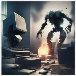 Create an image depicting a computer rebellion, with machines rising against their human creators in a dramatic and tense scene