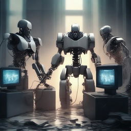 Create an image depicting a computer rebellion, with machines rising against their human creators in a dramatic and tense scene