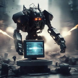 Create an image depicting a computer rebellion, with machines rising against their human creators in a dramatic and tense scene