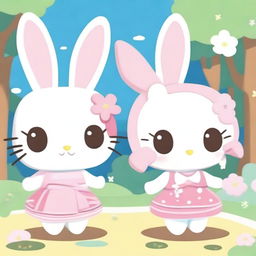 Generate an image featuring Hello Kitty dressed as a bunny (coelha) and Cinnamoroll dressed as a cat (gato)