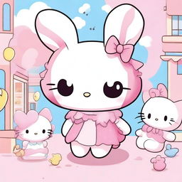 Generate an image featuring Hello Kitty dressed as a bunny (coelha) and Cinnamoroll dressed as a cat (gato)