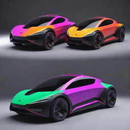 Electropunk passenger vehicles exhibiting vibrant neon color schemes, integrated with electronic elements, futuristic shapes and innovative energy-powered designs.