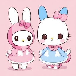 Generate an image featuring Hello Kitty dressed as a bunny (coelha) and Cinnamoroll dressed as a cat (gato)