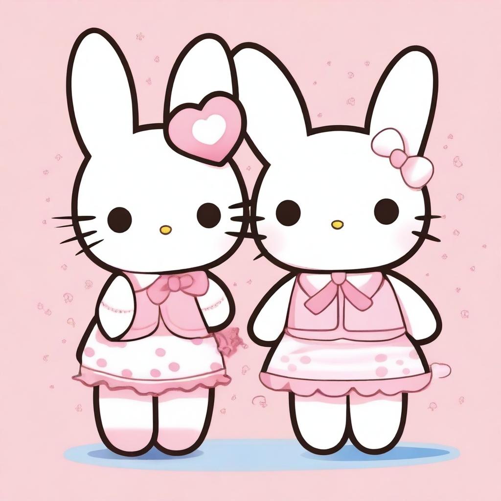 Generate an image featuring Hello Kitty dressed as a bunny (coelha) and Cinnamoroll dressed as a cat (gato)