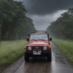 A 2023 red Land Cruiser driving on a narrow village road lined with trees and grass, under a dark morning sky filled with black clouds, gradually giving way to a light rain.