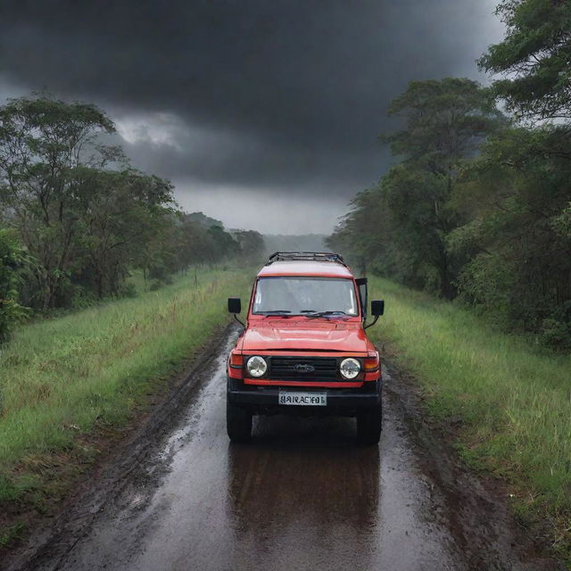 A 2023 red Land Cruiser driving on a narrow village road lined with trees and grass, under a dark morning sky filled with black clouds, gradually giving way to a light rain.