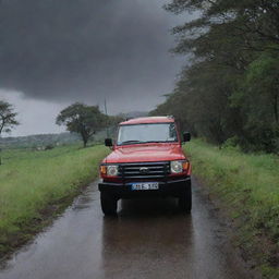 A 2023 red Land Cruiser driving on a narrow village road lined with trees and grass, under a dark morning sky filled with black clouds, gradually giving way to a light rain.