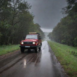 A 2023 red Land Cruiser driving on a narrow village road lined with trees and grass, under a dark morning sky filled with black clouds, gradually giving way to a light rain.