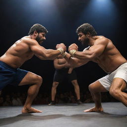 A professional Panja (Indian arm-wrestling) match, showcasing two muscular athletes in intense competition, spotlights casting hard shadows, and a highly engaged crowd in the background.