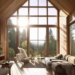 A cozy and stylish interior of a modern home with warm sunlight streaming in through large windows