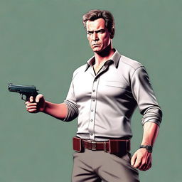 A man holding a gun in a non-threatening manner, standing in a neutral pose