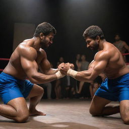 A professional Panja (Indian arm-wrestling) match, showcasing two muscular athletes in intense competition, spotlights casting hard shadows, and a highly engaged crowd in the background.