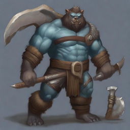 A bear barbarian, muscular and fierce, wields a massive great ax