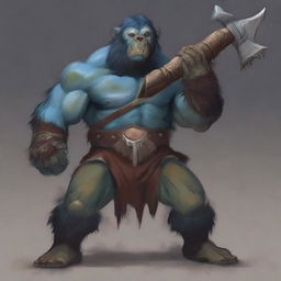 A bear barbarian, muscular and fierce, wields a massive great ax