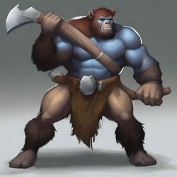 A bear barbarian, muscular and fierce, wields a massive great ax