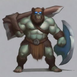 A bear barbarian, muscular and fierce, wields a massive great ax