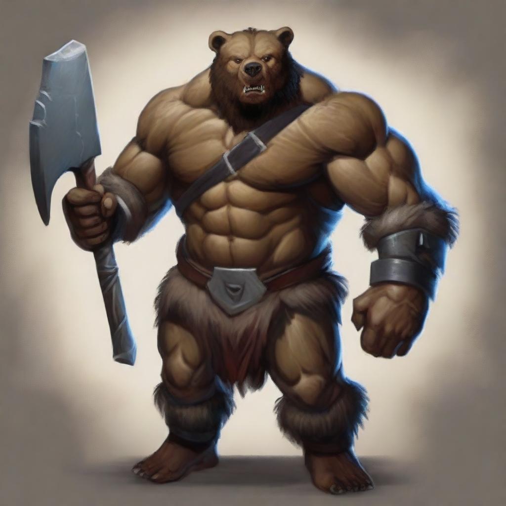 A bear barbarian, imposing and strong, stands tall with a great ax in his hands