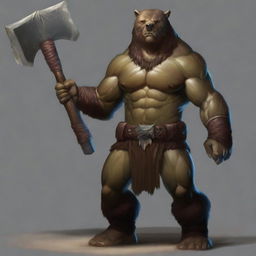 A bear barbarian, imposing and strong, stands tall with a great ax in his hands