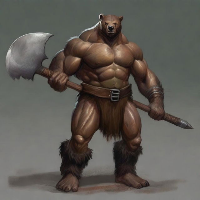 A bear barbarian, imposing and strong, stands tall with a great ax in his hands