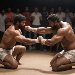 A professional Panja (Indian arm-wrestling) match, showcasing two muscular athletes in intense competition, spotlights casting hard shadows, and a highly engaged crowd in the background.