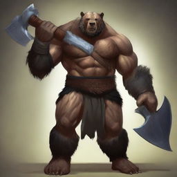 A bear barbarian, imposing and strong, stands tall with a great ax in his hands