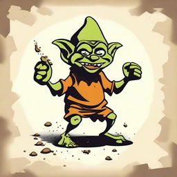 Create a humorous poster featuring a goblin character named Pave, who is caught in the act of producing explosive poop