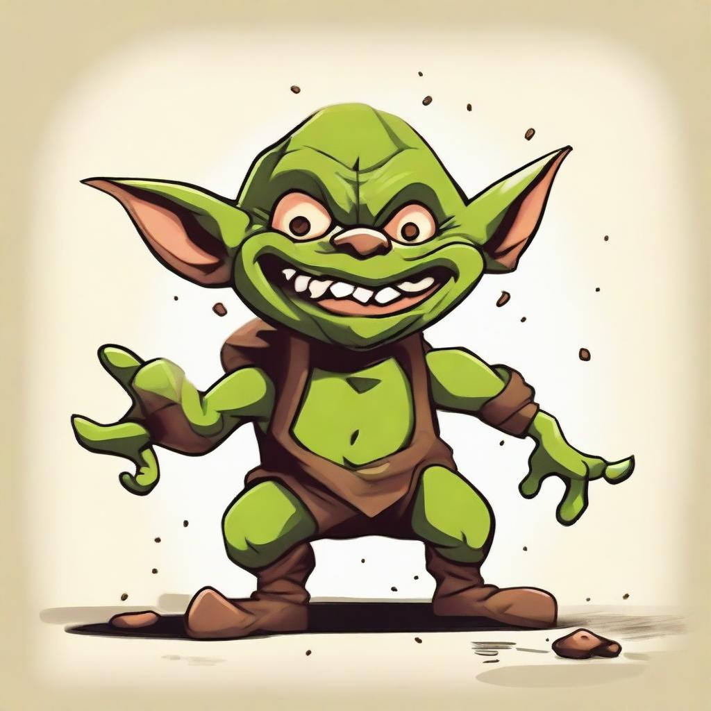 Create a humorous poster featuring a goblin character named Pave, who is caught in the act of producing explosive poop