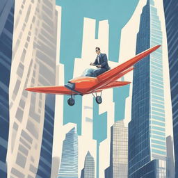 Create an adventurous poster of a man named Pavis skillfully piloting a plane near two towering skyscrapers