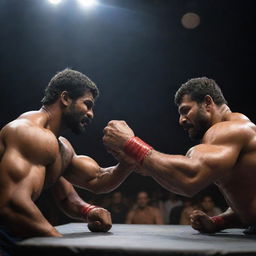 A professional Panja (Indian arm-wrestling) match, showcasing two muscular athletes in intense competition, spotlights casting hard shadows, and a highly engaged crowd in the background.