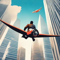 Create an adventurous poster of a man named Pavis skillfully piloting a plane near two towering skyscrapers