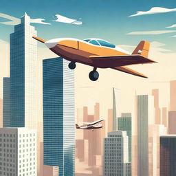 Create an adventurous poster of a man named Pavis skillfully piloting a plane near two towering skyscrapers