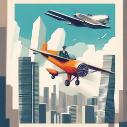 Create an adventurous poster of a man named Pavis skillfully piloting a plane near two towering skyscrapers