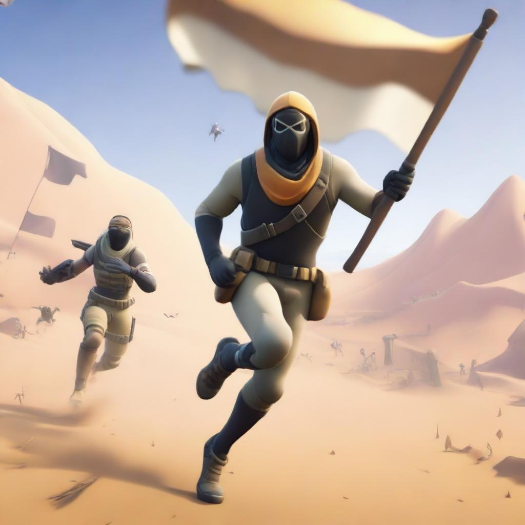 Generate an image of a Fortnite character running with a flag in their hand, away from enemies who are firing at them