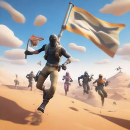 Generate an image of a Fortnite character running with a flag in their hand, away from enemies who are firing at them