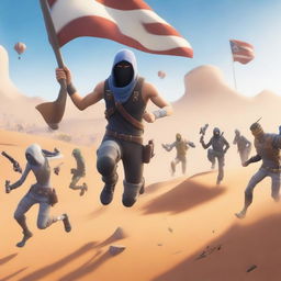 Generate an image of a Fortnite character running with a flag in their hand, away from enemies who are firing at them