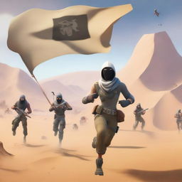 Generate an image of a Fortnite character running with a flag in their hand, away from enemies who are firing at them