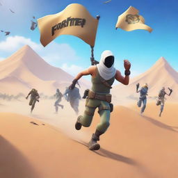 Generate an image of a Fortnite character running with a flag in their hand