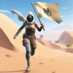 Generate an image of a Fortnite character running with a flag in their hand