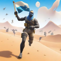 Generate an image of a Fortnite character running with a flag in their hand