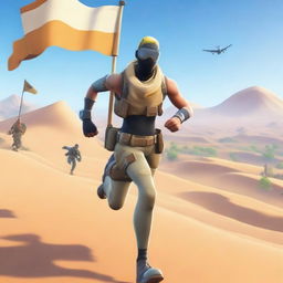 Generate an image of a Fortnite character running with a flag in their hand