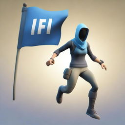 Generate a realistic image of a Fortnite character energetically running while holding a flag high in the air