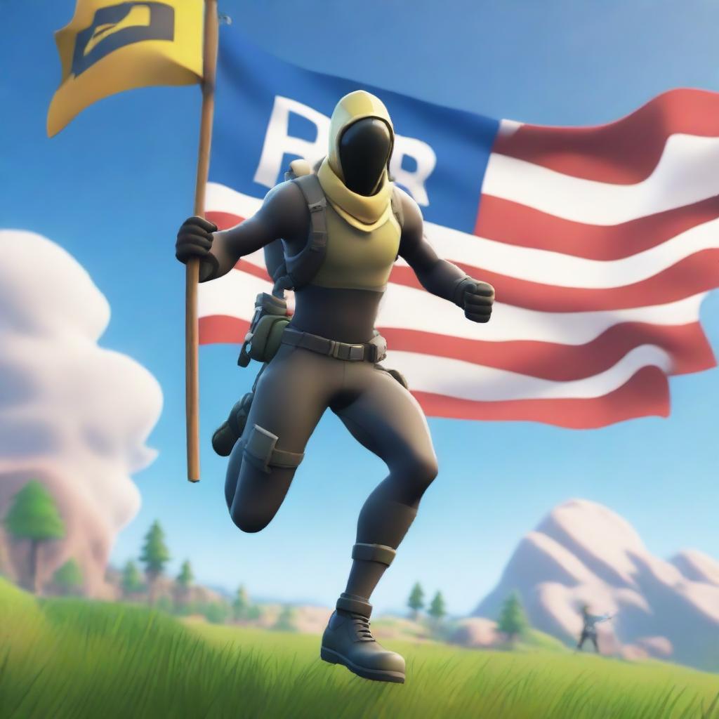 Generate a realistic image of a Fortnite character energetically running while holding a flag high in the air