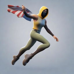 Generate a realistic image of a Fortnite character energetically running while holding a flag high in the air